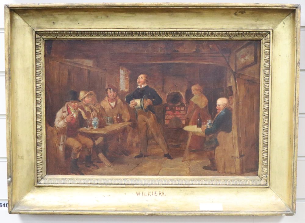 After Wilkie, oil on panel, Tavern interior with singer, 31 x 48cm